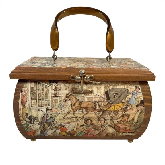 Vtg Decoupage Wooden Purse - Picture 1 of 14